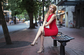 Madison in a Red Dress, model, high heels, dress, blonde HD wallpaper