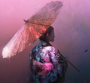 Kimono and parasol, girl, blue, kimono, frumusete, asian, art, parasol, geisha, pink, thomas dubois, fantasy, luminos HD wallpaper