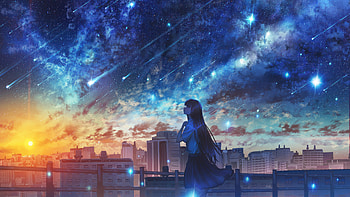 Anime Girl Watching Meteor City, anime-girl, girl, sky, stars, star, buildings, city, sunset, artist, artwork, art, digital-art, ai, pixiv HD wallpaper