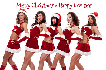 Merry Christmas & Happy New Year, santa hats, model, smiles, dresses HD wallpaper