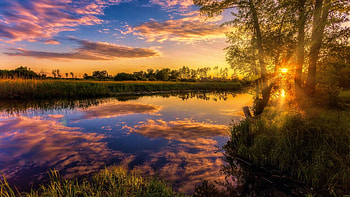 Water Reflections, river, colors, clouds, trees, landscape, sky, sun, sunset HD wallpaper