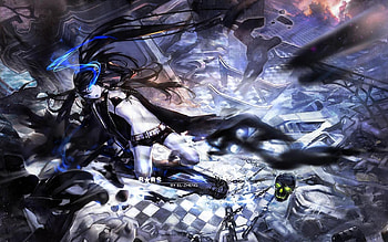 Black Rock Shooter, black, shooter, thigh highs, girl, bikini, awsome, rock, badass, anime girl, anime, abstract, twintails, cool HD wallpaper