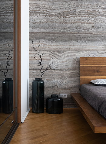 A serene and stylish modern bedroom featuring wooden furniture and minimalist decor. HD phone wallpaper