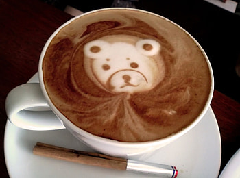 coffee with the old bear, coffee, saucer, cup, bear HD wallpaper