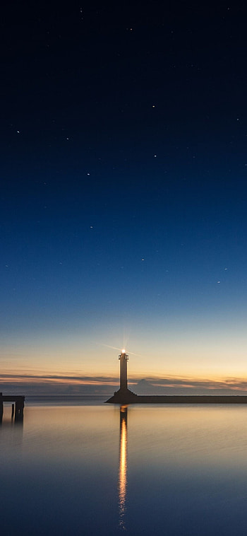 Clear night, Scenic beauty, Lighthouse silhouette HD phone wallpaper