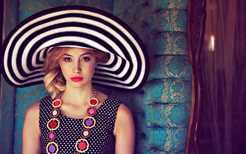 Sarah Gadon, blue, white, black, model, blonde, girl, actress, woman, jewel, pink, hat HD wallpaper