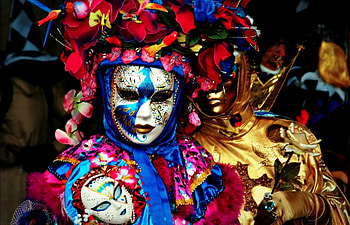 Venice Carnival, blue, golden, rose, pink, venice, mask, carnival, couple HD wallpaper