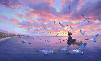 Kiki, blue, stephen njoto, sea, bird, girl, up, brom, witch, pink, fantasy, sky, pasari, sunset, ocean HD wallpaper