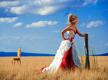 BEAUTY UNDER SKY.., blue, chair, white, dress, woman, elegant, field, red, clouds, sky HD wallpaper
