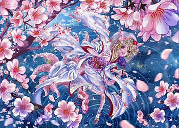 Foxgirl, blue, spring, hand fan, petals, flower, cherry blossom, girl, fox, fan, pink, anime, fantasy, sakura, ears, tagme, luminos, manga, nine tails HD wallpaper