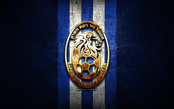 Hapoel Nir Ramat HaSharon FC, golden logo, Leumit League, blue metal background, football, Israeli football club, Hapoel Nir Ramat HaSharon logo, soccer, Hapoel Nir Ramat HaSharon HD wallpaper