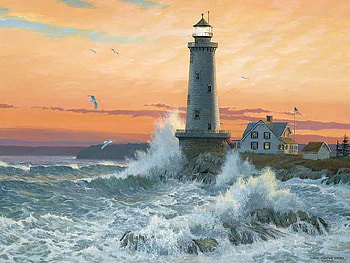 Storm Tide, flag pole, lighthouse, house, rocks, sea gulls, crashing waves, clouds, trees, cliff, water, sunset HD wallpaper