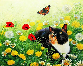 Relaxing Day, artwork, painting, butterfly, dandelion, meadow, cat, flowers, daisies HD wallpaper