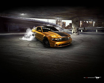 Burning Rubber, spinning, car, mustang, gold, wheels, burning, rubber, yellow, tires HD wallpaper
