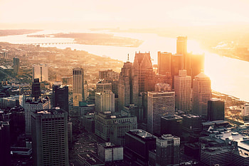 Detroit skyline, Helicopter view, Detroit river, Belle Isle park HD wallpaper