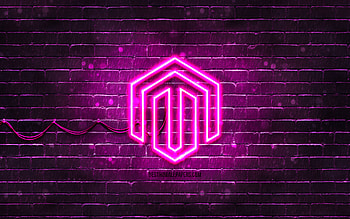 Magento purple logo, , purple brickwall, Magento logo, brands, Magento neon logo, Magento HD wallpaper