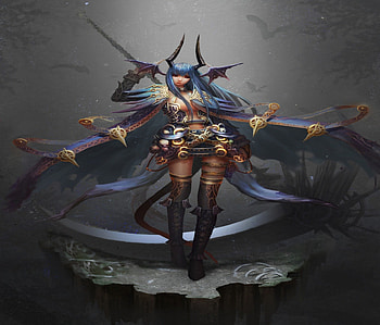 Demon Warrior, evil girl, breasts, wings, horns, boob, underboob, blue hair, long hair, dark, scythe, thighhighs, head wings, bats, warrior HD wallpaper