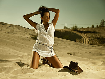 In the sand, sexy, model, sand, female HD wallpaper