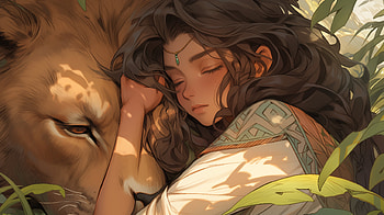 Sleepy Lion, lion, girl, AI Art HD wallpaper