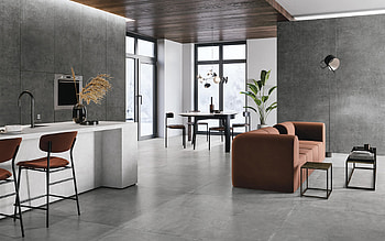 stylish interior design, apartments, loft style, gray concrete walls, gray concrete floor, loft style living room, white marble kitchen counter HD wallpaper