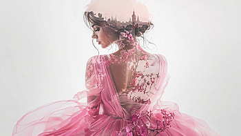— Pink Dress Reverie, Woman, Flower, Cityscape HD wallpaper