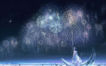 Fireworks, night, blue, boat, moon, anime, sky, water, manga HD wallpaper