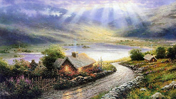 thomas kinkade, nature, painter, kinkade, house HD wallpaper