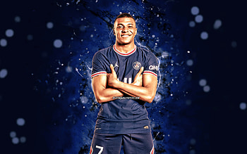 Kylian Mbappe, 2021, Paris Saint-Germain, french footballers, blue neon lights, PSG, soccer, Ligue 1, football, Kylian Mbappe PSG, Kylian Mbappe HD wallpaper