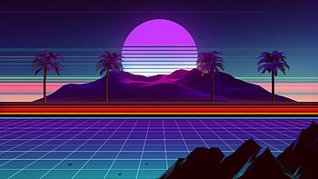 Palm trees, Neon sun rays, 80s HD wallpaper