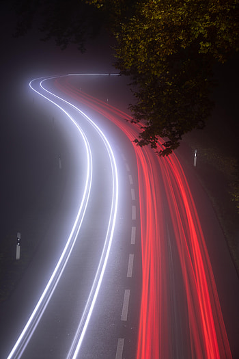 Night, Lights, Dark, Road, Fog, Long Exposure HD phone wallpaper