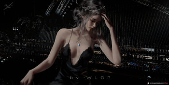 Shadow, black, art, wlop, fantasy, girl, dark HD wallpaper