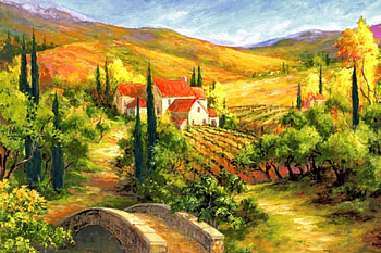 Tuscan bridge, peaceful, italy, houses, serenity, painting, Tuscan, calm, hills, art, path, landscape, beautiful, summer, fields, bridge, nature, sky, village, countryside HD wallpaper