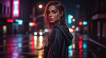Neon Rain The Girl In The Shadows, alone, girl, street, lights, artist, artwork, art, digital-art, ai, deviantart HD wallpaper