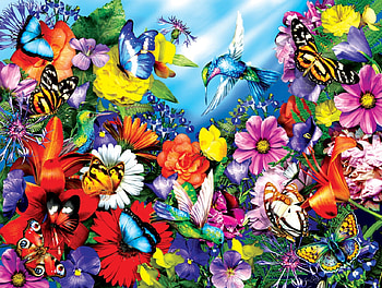 Garden, colorful, art, bird, colibri, summer, butterfly, flower, hummingbird, vara HD wallpaper