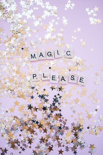 A whimsical background with scattered star confetti and letter tiles spelling 'MAGIC PLEASE'. HD phone wallpaper
