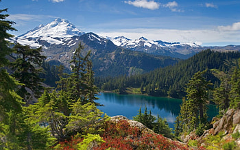 Mountain Lake, blue, rocks, mountain, lake, daylight, day, snow, clouds, trees, nature, flowers, sky, water, forest HD wallpaper