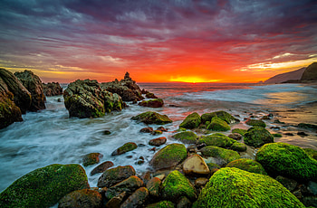 Coastal sunset, sea, coast, sky, beautiful, rocks, sunset, ocean, stones HD wallpaper