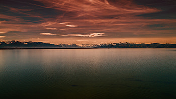 Lake, sunset, clean sky, skyline, mountains HD wallpaper