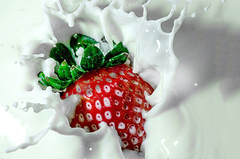 Strawberry, milk splashes, fruits HD wallpaper