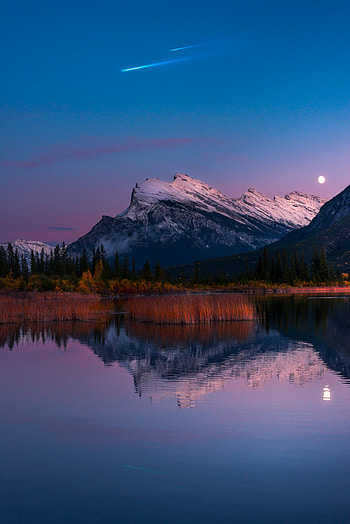 Vermillion Lakes, Banff National Park, mountains, trees, night, nature, moon HD phone wallpaper