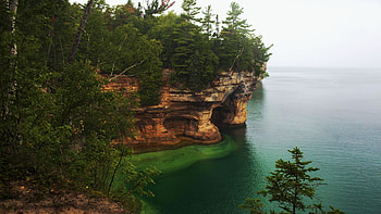 Rocks, Michigan, sky, water, lake, coast, usa HD wallpaper
