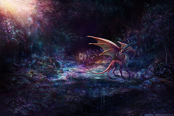 Crimson Cave Dragon, blue, bjpentecost, pink, crimson, fantasy, dragon, cave, luminos HD wallpaper