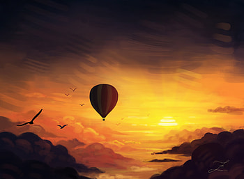 Air Balloon Sunset Digital Art, air-balloon, artist, artwork, digital-art, deviantart HD wallpaper
