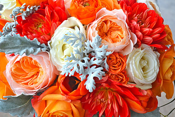 Bouquet, Dahlias, Orange, Dahlia, Roses, Flowers, Bouquets, Flower, Rose HD wallpaper