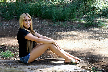 Sitting in the shade amidst sunshine and shadows., feet, long hair, legs, smile HD wallpaper