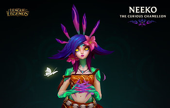 Neeko, black, chameleon, girl, daniel orive, purple, pink, fantasy, green, luminos, lol HD wallpaper