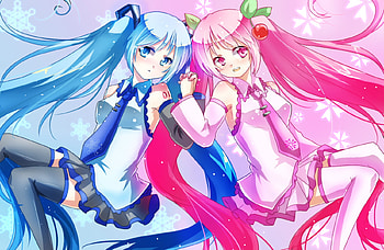 Yuki Miku & Sakura Miku, awesome, uniform, nice, snow, hatsune, aqua eyes, fruit, pink eyes, two girls, sexy, white, hatsune miku, yuki, twintail, hot, girl, singer, aqua, pink hair, anime girl, anime, pretty, virtual, black, song, yuki miku, cute, beauty, miku, snowflakes, music, sakura miku, thighhighs, program, skirt, beautiful, diva, tie, pink, aqua hair, cherry, sakura, cool, flowers, idol HD wallpaper