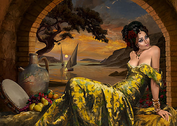Spanish dancer, boat, art, giorgos tsolis, girl, dress, fantasy, fruit, luminos, water HD wallpaper
