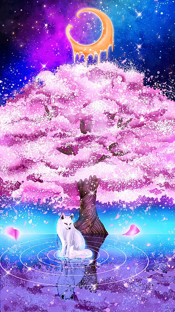 Wolf & Sakura, moon, white, night, tree HD phone wallpaper