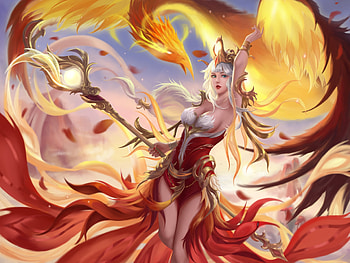 Phoenix, red, wang jia, bird, fantasy, yellow, girl HD wallpaper